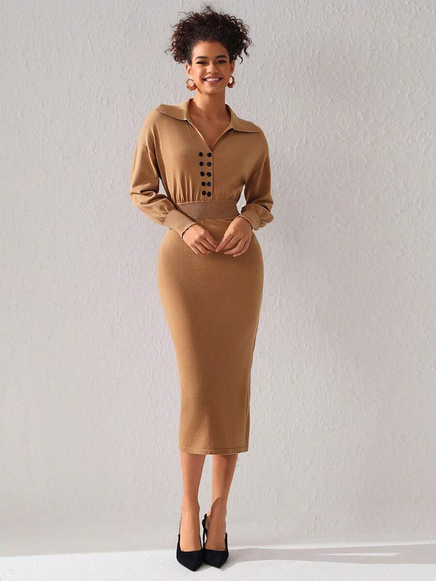 GOUGHS GRACES 设计师女士领口双纽扣前针织优雅毛衣裙，适合度假 - 卡其色 - 查看 1