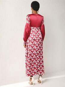 VIZLOOKS 设计师女士花卉印花灯笼袖优雅连衣裙，秋季除夕装，适合秋季、节日、派对 - 彩色 - 查看 2