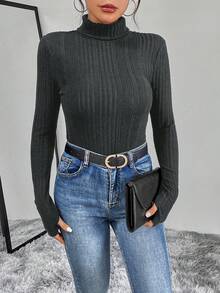 SHEIN Essnce Women's High Neck Ribbed Long Sleeve T-Shirt - Dark Grey - View 3