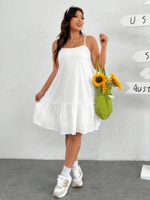 SHEIN EZwear Loose Plus Size Solid Color Spaghetti Strap Dress - White - View 6