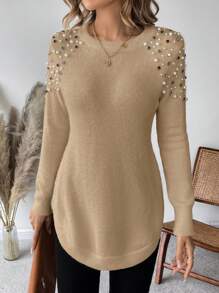 EMERY ROSE 女士珠飾細節長袖毛衣套頭衫 - 駝色 - 查看 1