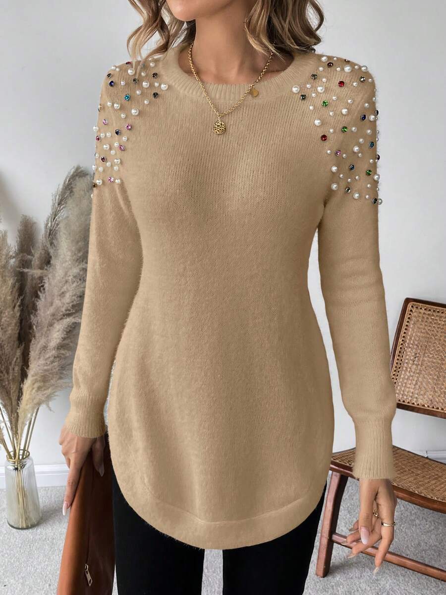 EMERY ROSE 女士珠飾細節長袖毛衣套頭衫 - 駝色 - 查看 1