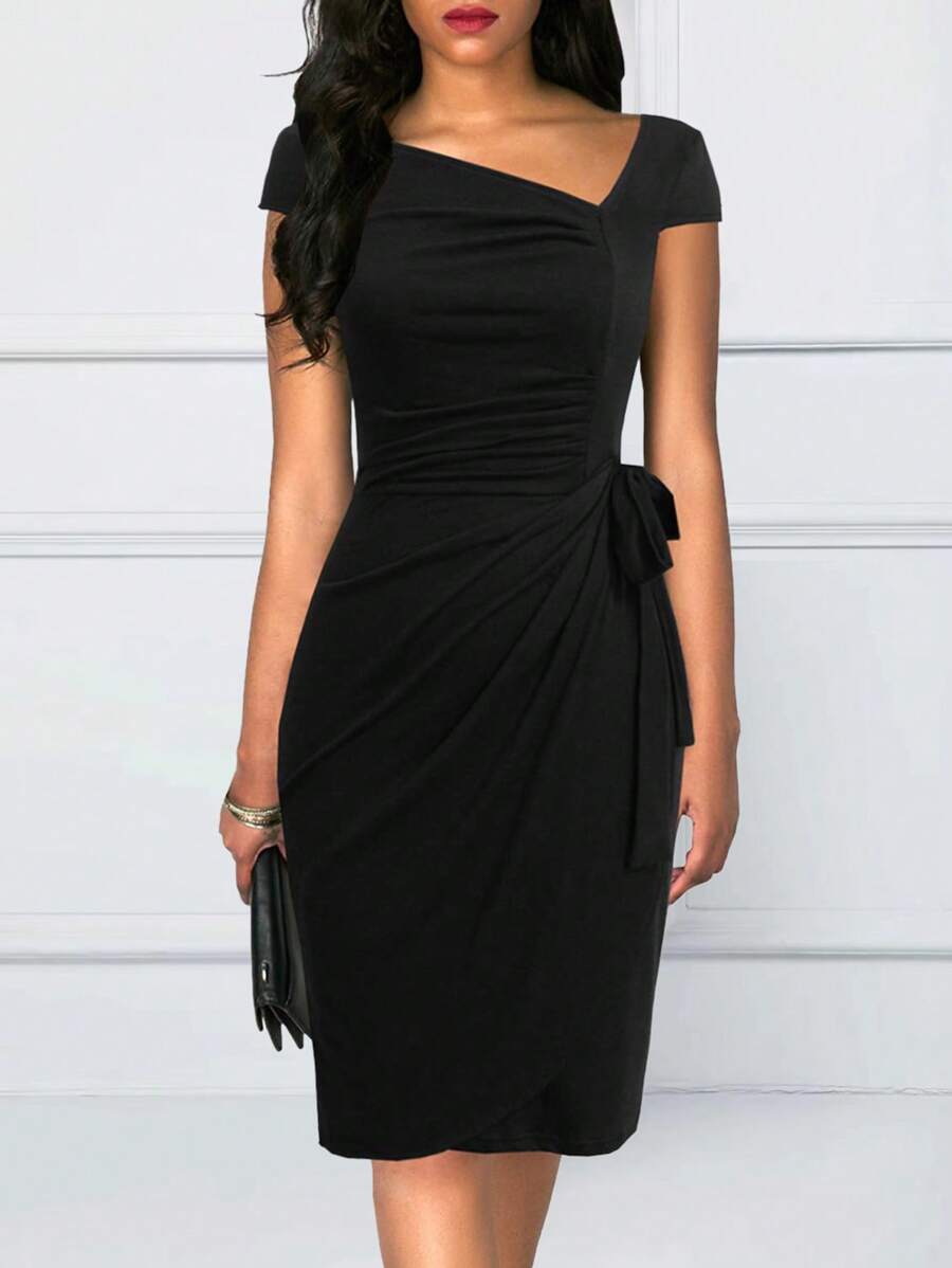 女士优雅不对称领口褶饰扭纹裹身连衣裙