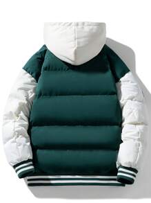 Men's Detail Drawstring Hooded Striped Padded Coat - Green - View 2