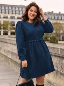 SHEIN Frenchy 女式大尺碼泡泡袖連身裙 - 藍色 - 查看 1