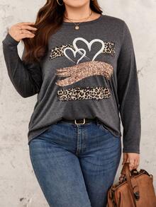 SHEIN LUNE 大尺寸心形和豹紋圖案長袖t恤 - 灰色 - 查看 4