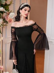 Modelyn Off-Shoulder Mesh Trumpet Sleeve Dress Long Evening Dresses - Black - View 4