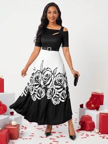 SHEIN Lady Vestido asimétrico de hombro con estampado floral - Blanco y Negro - Ver 1