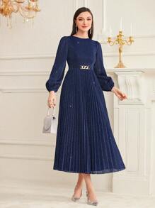 Modelyn Women's Solid Color Classic Elegant Pleated Dress - Blue - View 4