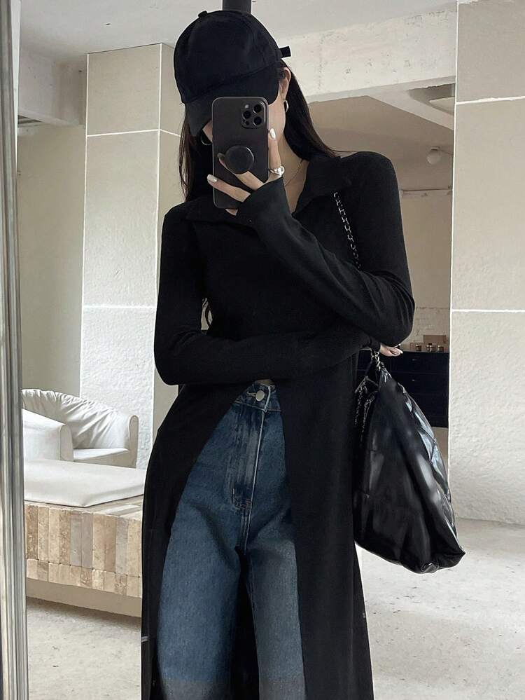 Long Sleeve High Slit Hem Dress