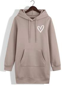 SHEIN EZwear Của phụ nữ In Trái tim Dây rút Hoodie - Màu Khaki - Xem 1