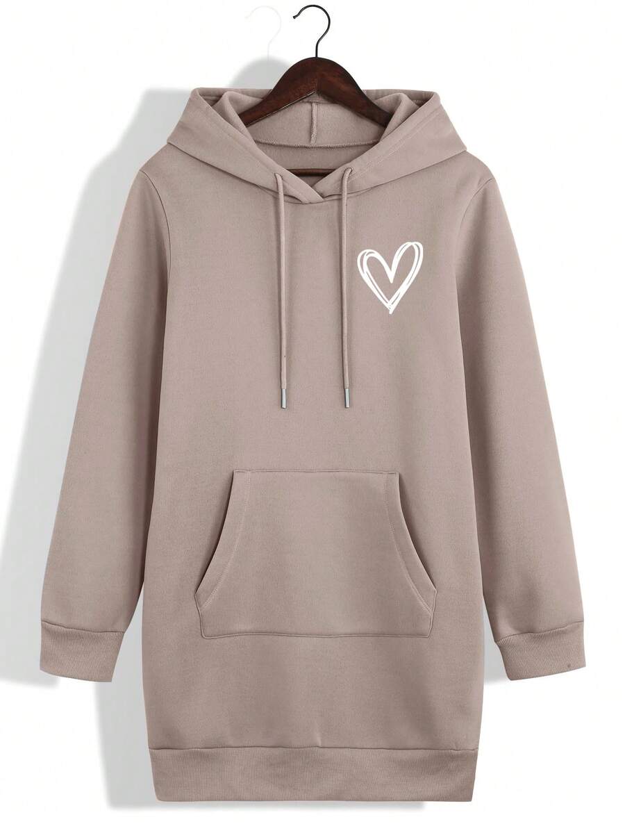SHEIN EZwear Của phụ nữ In Trái tim Dây rút Hoodie - Màu Khaki - Xem 1