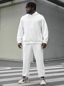 Manfinity VCAY Men's Plus Size Solid Color Hooded Sweatshirt And Sweatpants Set With Letter Print - White - View 5