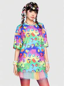 ROMWE Kawaii Women's Alien Pattern Ombre Short Sleeve T-Shirt - Multicolor - View 5