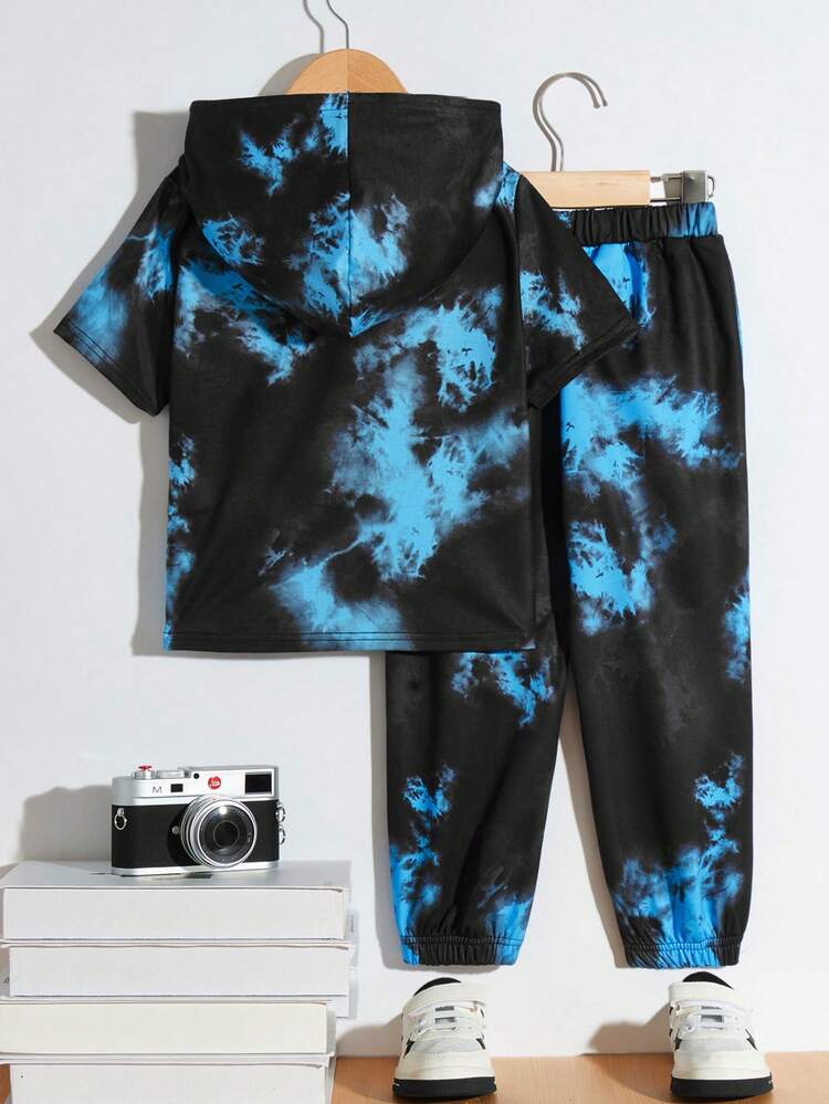 2pcs Young Boy Tie-Dye Letter Printed Short Sleeve Hooded Top And Jogger Pants