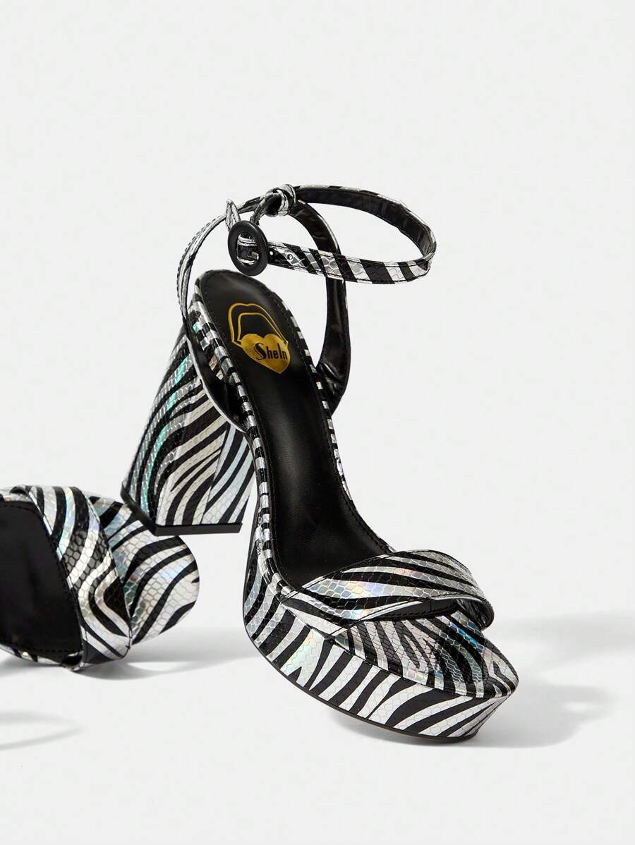 CUCCOO SZL 時尚性感斑馬紋10.8公分厚高跟鞋2.8公分平台圓頭踝帶女夏季涼鞋 - 彩色 - 查看 1