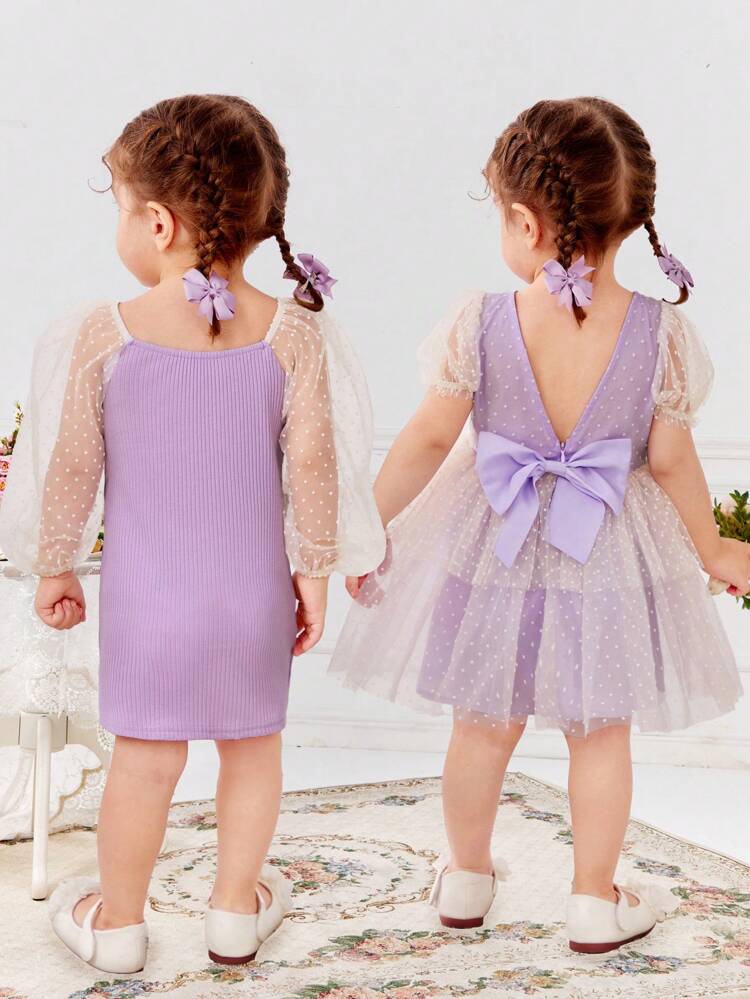 Baby Girls' Casual Knitted Polka Dot Mesh Splice Long Sleeve Dress & Short Sleeve Dress Set