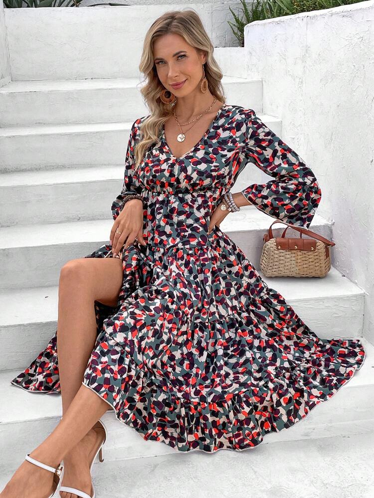Ladies Full Printed Ruffle Hem Dress