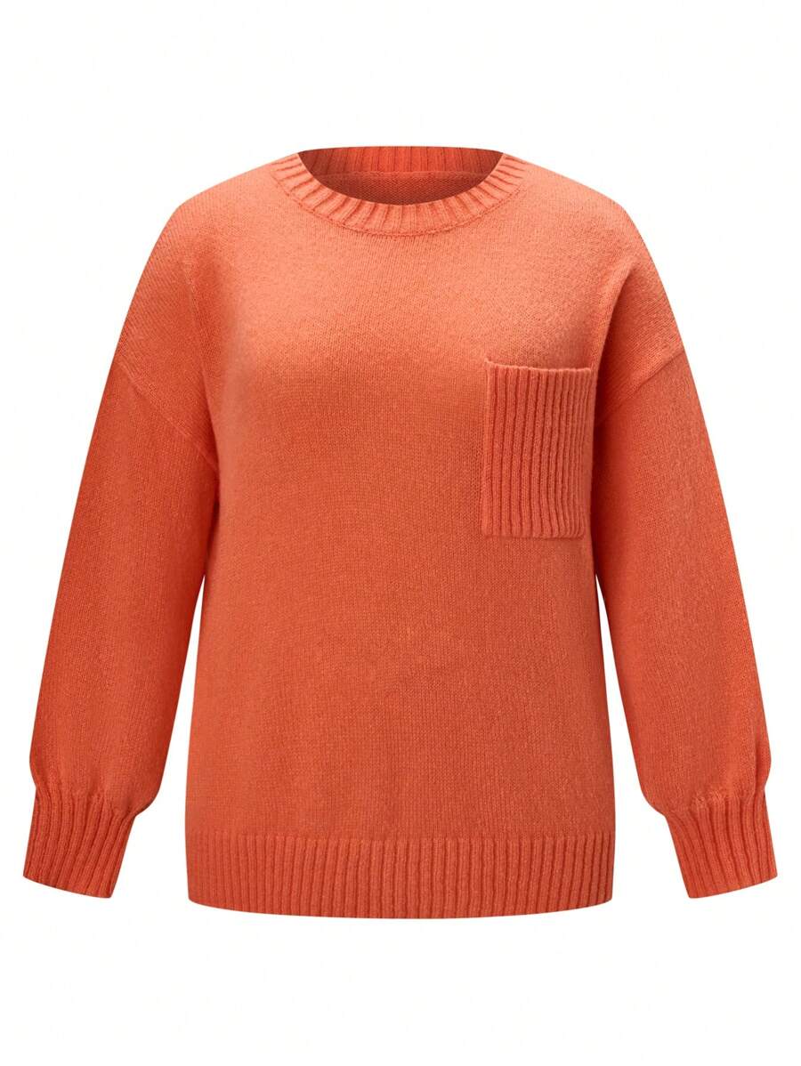 SHEIN LUNE Plus Solid Pocket Patched Drop Shoulder Sweater Knit Pullover Fall Winter Sweater - Orange - View 1