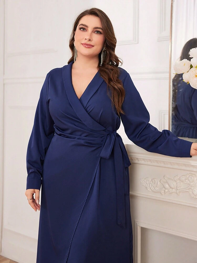 Plus Size Women'S Dress With Knot And Shawl Collar Design Sideline Long Evening Dresses