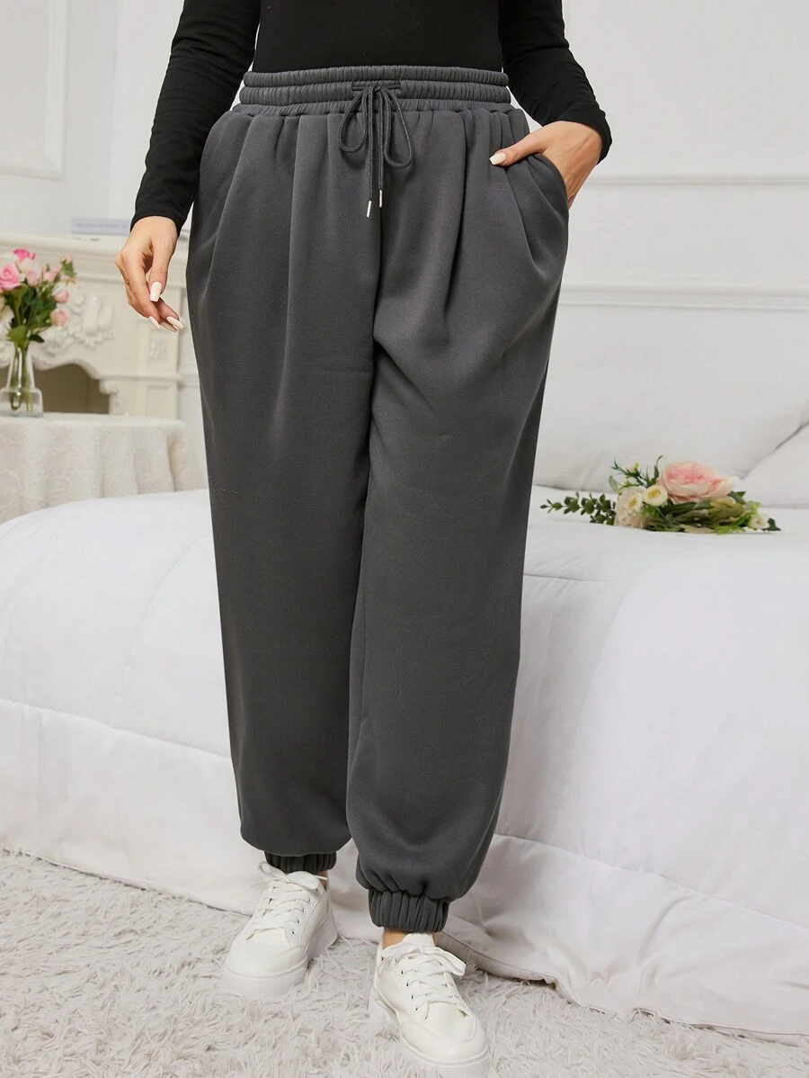 SHEIN EZwear 大尺碼純色彈性腰慢跑褲 - 灰色 - 查看 1