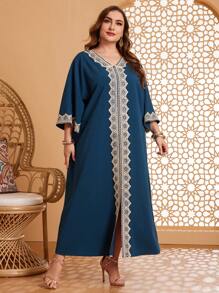 Al Najma 大尺碼刺繡編織腰帶拼接波浪袖裙