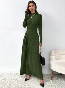 SHEIN Privé 女士皺褶鬆緊針織連衣裙 - 綠色 - 查看 5