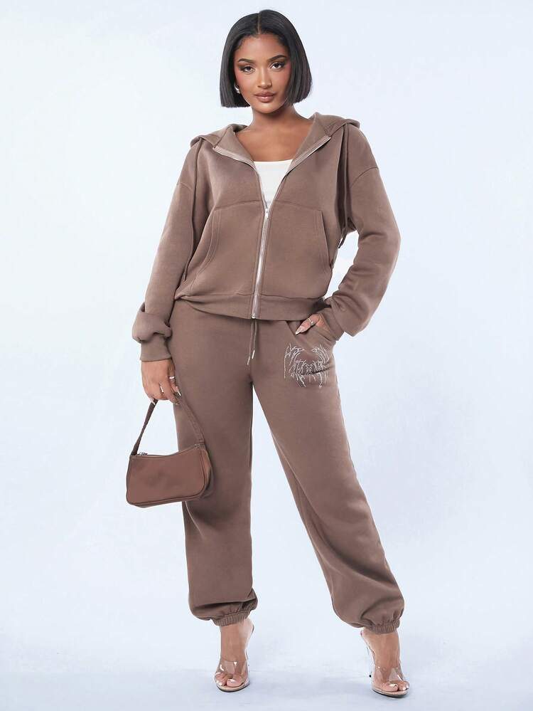 Back Rhinestone Decorated Zipper Front Hoodie
