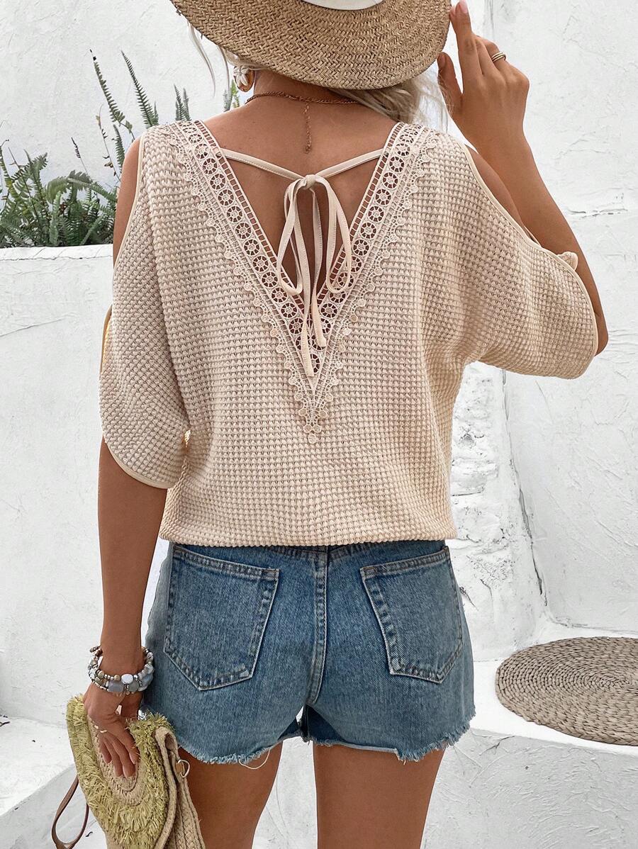 SHEIN LUNE 女裝蕾絲拼接露肩t恤 - 杏色 - 查看 1