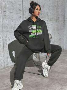 SHEIN EZwear Women'S Scenery Printed Hoodie And Sweatpants Set - Dark Grey - View 5