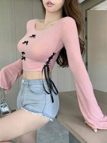 DAZY Của phụ nữ Quần skinny Áo thun Với Chi tiết cung - Hồng - Xem 5