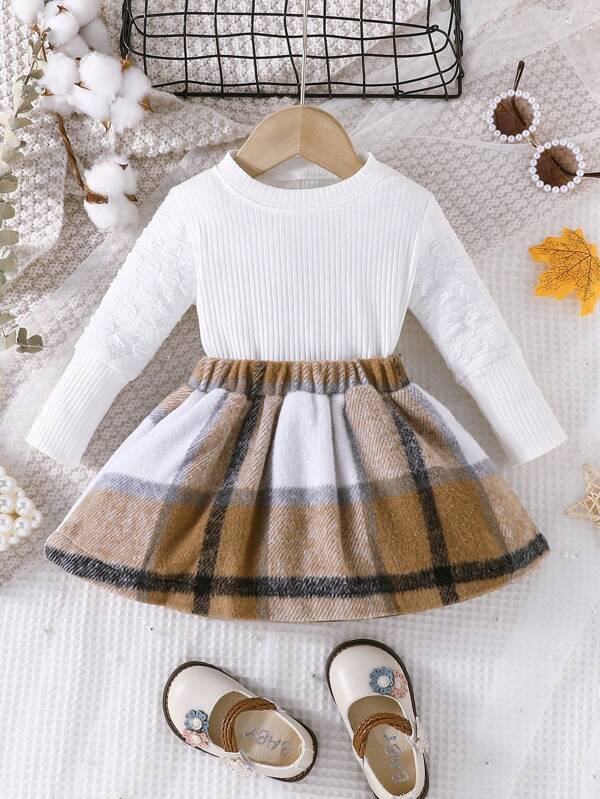 Ensemble De Haut Côtelé Et De Jupe Pour Petites Filles, Tenue Deux Pièces À La Mode