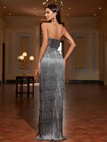 Faeriesty Đầm quây đính sequin thanh lịch dành cho nữ, viền tua rua nhiều lớp | Đầm dạ hội sang trọng phù hợp cho các buổi dạ tiệc, đám cưới hoặc các dịp trang trọng, trang phục đi nghỉ hè, dự tiệc mùa xuân - Xám - Xem 2