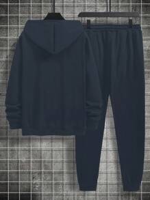 SHEIN Men's Hooded Letter Print Sweatshirt And Sports Pants 2pcs/Set - Dark Grey - View 2