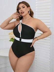 SHEIN Swim Curve 大尺碼顏色積木中空一體式泳裝 - 黑與白 - 查看 5