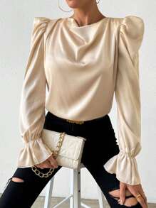 Chiquease 純色羊腿袖垂領襯衫 - 杏色 - 查看 2