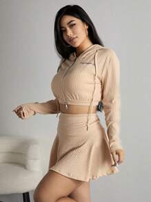SHEIN EZwear Conjunto De Falda Y Chaqueta Corta De Canalé Para Mujer - Albaricoque - Ver 4