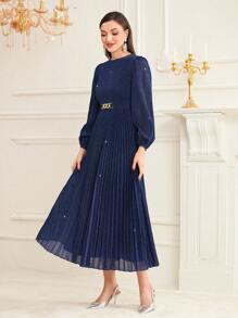 Modelyn Women's Solid Color Classic Elegant Pleated Dress - Blue - View 5