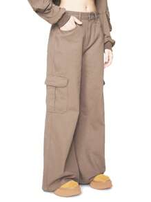 ROMWE Grunge Punk 宽腿 Maillard 牛仔裤，配有实用口袋和宽松版型 - 卡其色 - 查看 4