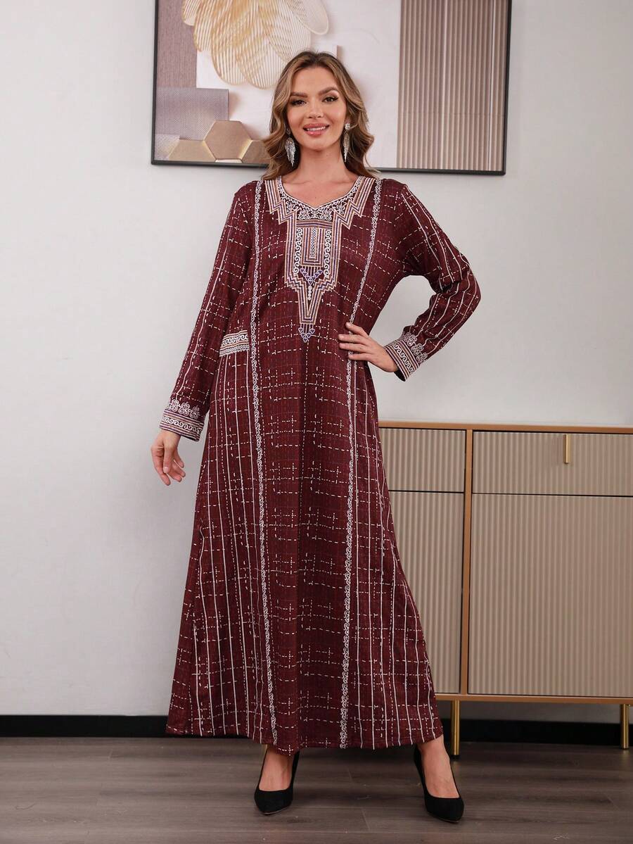 Vestido Con Escote Con Muescas Y Bordado - Burdeos - Ver 1