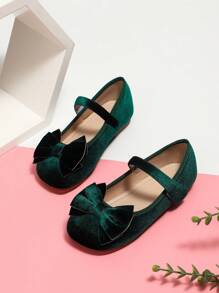 女孩復古絲絨蝴蝶結公主平底鞋方頭適合學生演出 - 綠色 - 查看 1