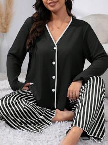 條紋大尺碼女休閒睡衣套裝 - 黑色 - 查看 1