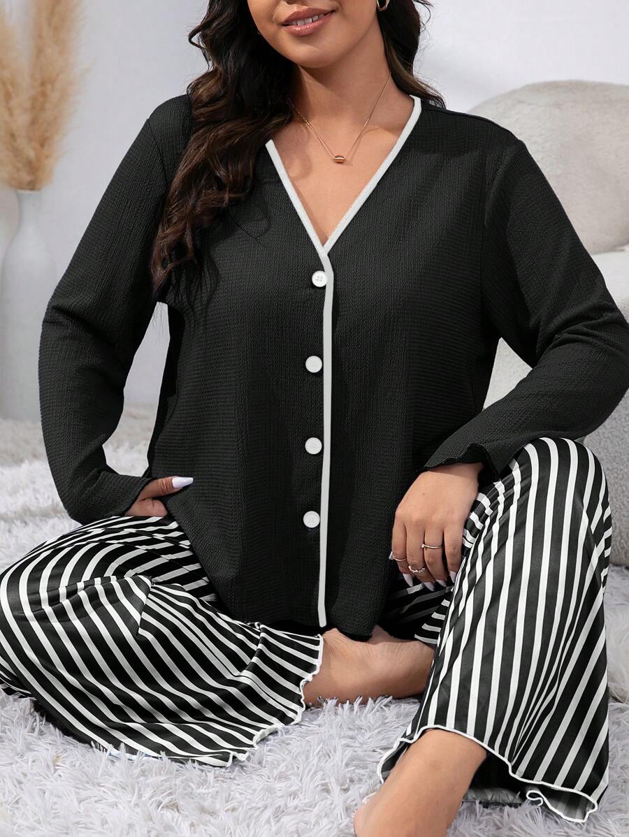 條紋大尺碼女休閒睡衣套裝 - 黑色 - 查看 1