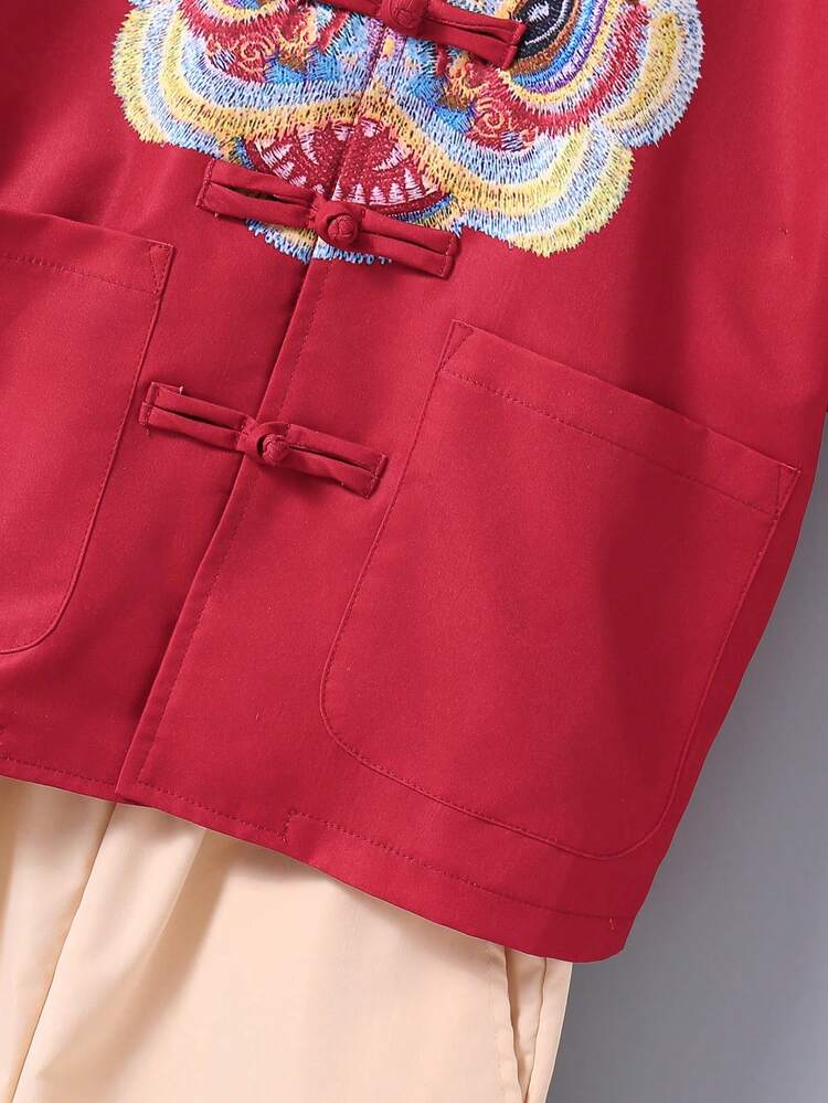 Tween Boys Lion Dance Pattern Short Sleeve Top And Shorts Chinese Style Two Piece Suit With Buckles
