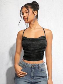 SHEIN BAE Draped Crisscross Backless Ruched Glitter Cami Top - Black - View 3