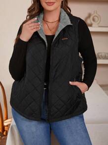 SHEIN LUNE 加大碼teddy內裡拼接夾棉背心外套,帶拉鍊和側袋設計,適合女性 - 深灰色 - 查看 1