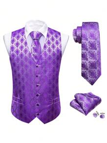 情人節男士提花西裝背心 - 紫色 - 查看 1