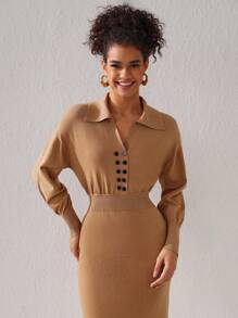 GOUGHS GRACES 设计师女士领口双纽扣前针织优雅毛衣裙，适合度假 - 卡其色 - 查看 6