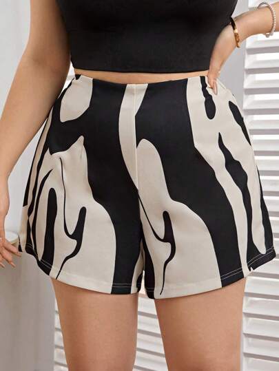 SHEIN Privé 大码女式短裤时尚印花不对称图案针织面料弹力黑色/杏色，适合春季旅行、夏季郊游、约会和晚餐