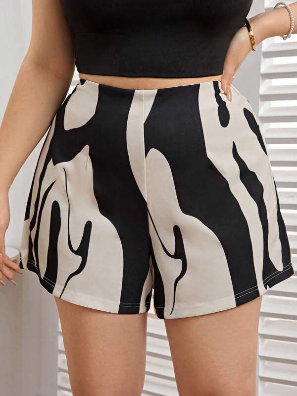 SHEIN Privé Short de mujer talla grande de tela de punto elástica con estampado asimétrico de moda, en color negro/albaricoque, adecuado para viajes de primavera, salidas de verano, citas y cenas